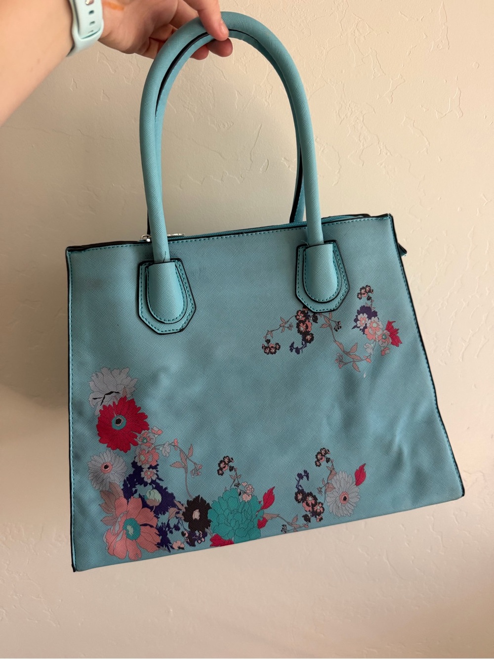 Blue Floral Tote Bag with Top Handles